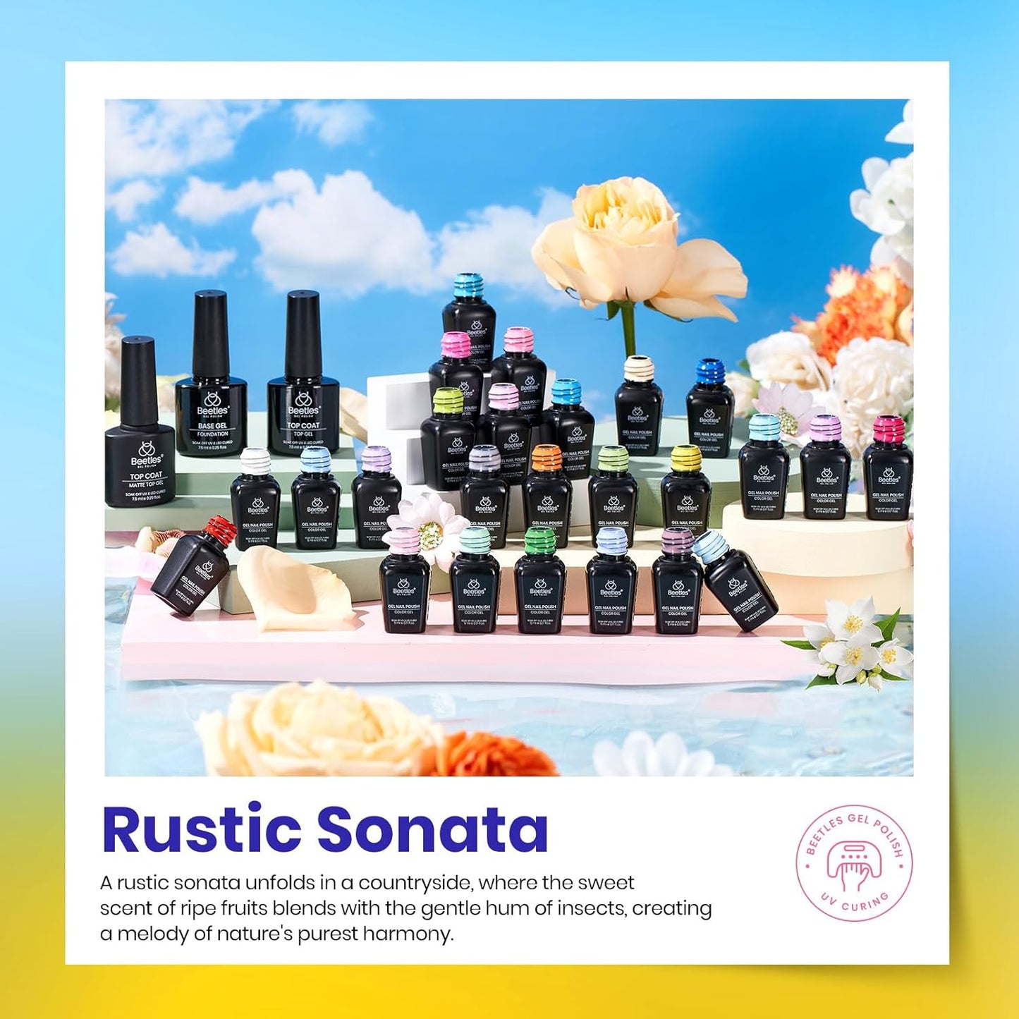 Beetles 25 Colors Gel Nail Polish Set, 32PCS Yellow Orange Gel Polish Rustic Sonata with Base Coat Glossy & Matte Top Coat White Blue Pink DIY Salon Nail Manicure Kit All Season Gifts for Women