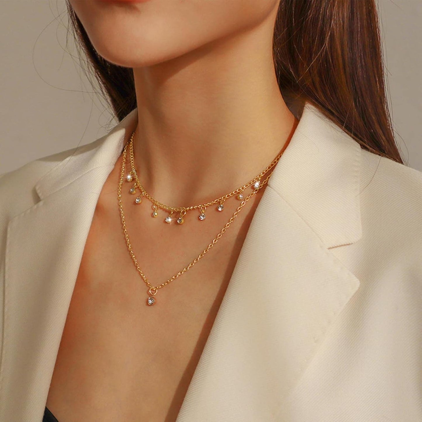 Boho Layered Gold Choker Necklace Crystal Pendant Necklace Rhinestone Tassel Choker Necklace Sparkly CZ Dangle Necklace Chain Jewelry for Women and Girls (Gold)