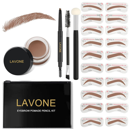 LAVONE Eyebrow Stamp Stencil Kit - Brow Stamp Trio with Waterproof Eyebrow Pencil, Pomade, 20 Stencils, Dual-ended Brush and Sponge Applicator - Ash Brown