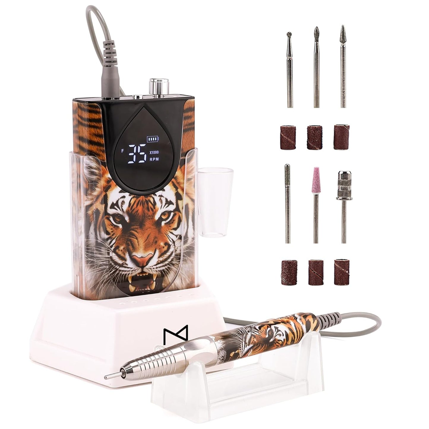 M Max - Nail Drill Professional - 2-in-1 Brushless Motor Nails Drill Machine - Electric, Cordless, Aluminium Alloy Casing, 35000 RPM, HD Display - Perfect for Salon & Home Use Special Edition - Tiger