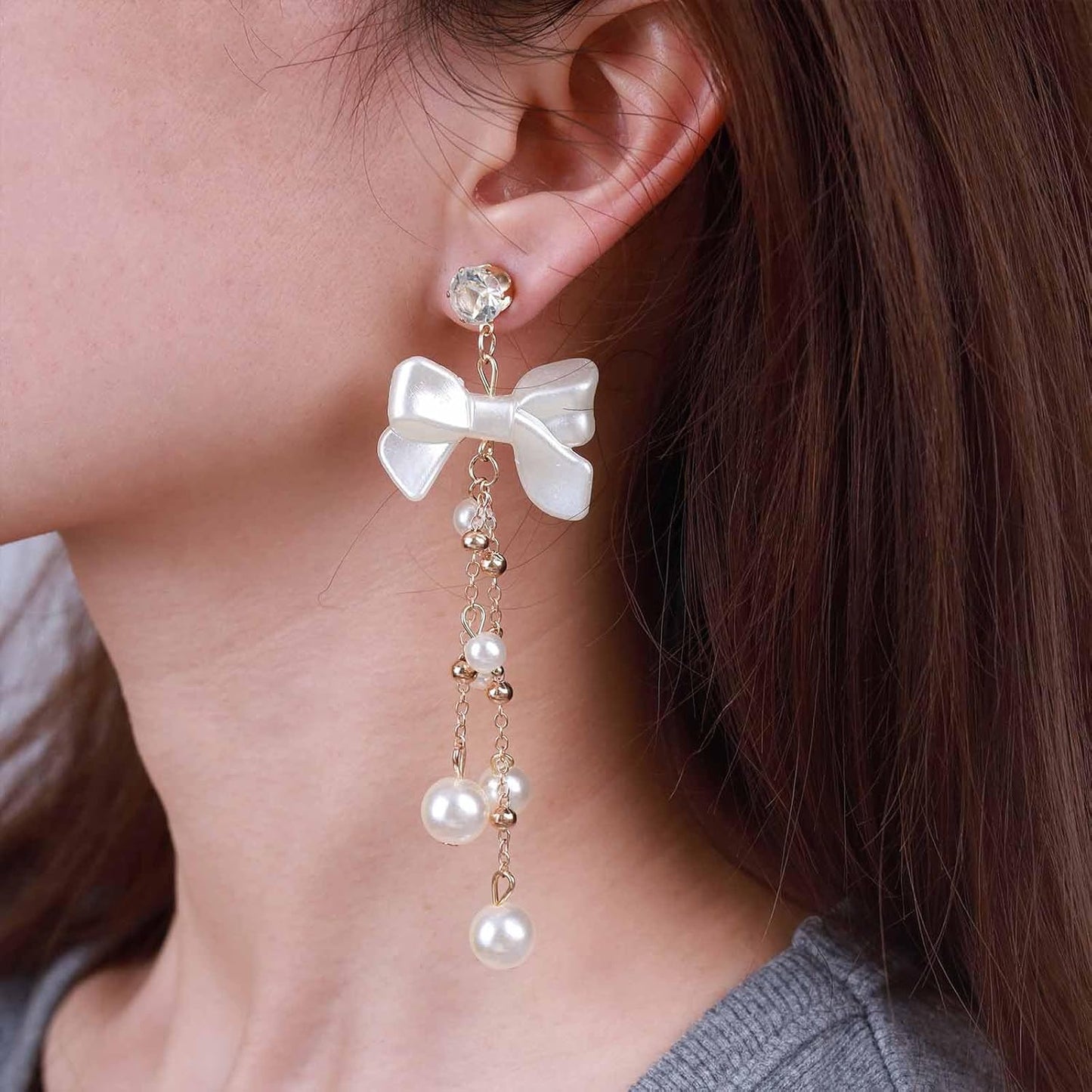 Vintage Crystal Pearl Drop Earrings Pearl Bow Dangle Earrings Long Pearl Tassel Chain Earrings Cz Bow Stud Earrings Jewelry for Women