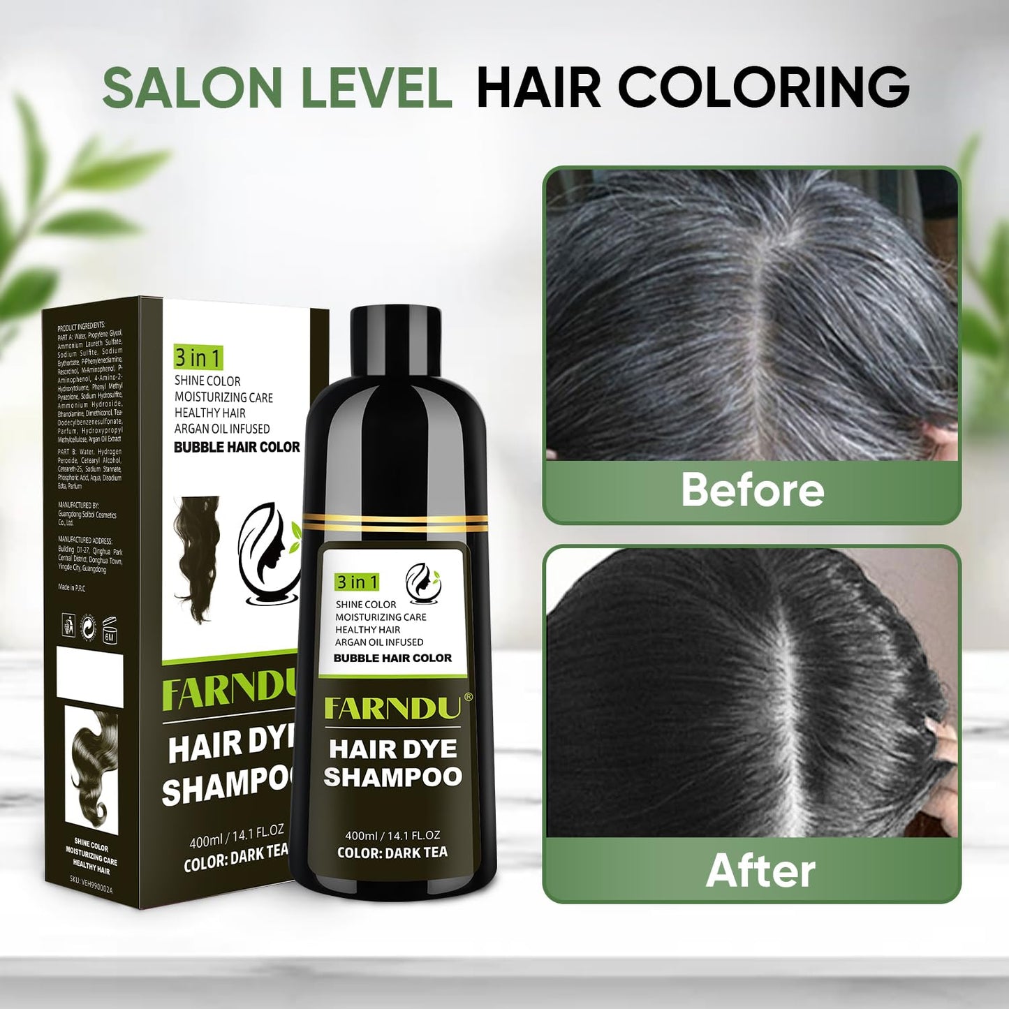 Dark Tea Hair Dye Shampoo for Women & Men, Gray Coverage Herbal Natural Ingredients 3 In 1 Color Shampoo