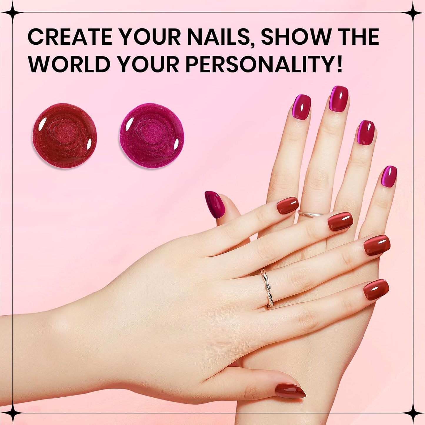 2PCS 15ML Cat Eye Gel Polish, Hot Pink Red Glass Moonlight Cateye Gel Nail Polish with Magnetic Stick Shimmer Glitter Effect Soak Off Salon DIY at Home