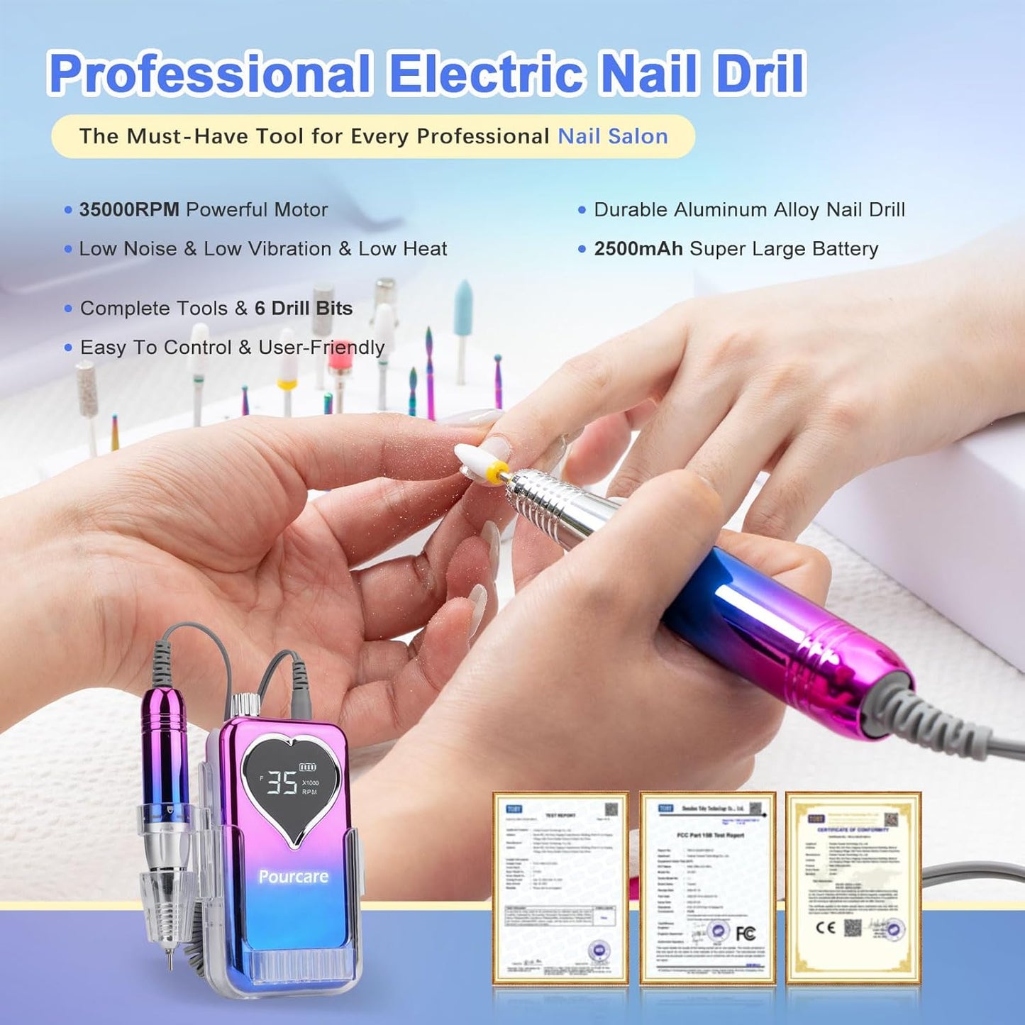Electric Professional Nail Drill 35000 RPM,Electric Nail File Efile Machine Set,Rechargeable Acrylic Nail Tool Kit,Manicure Pedicure Gel Grinder Polish for Home Salon Teach(Sunset Blue)