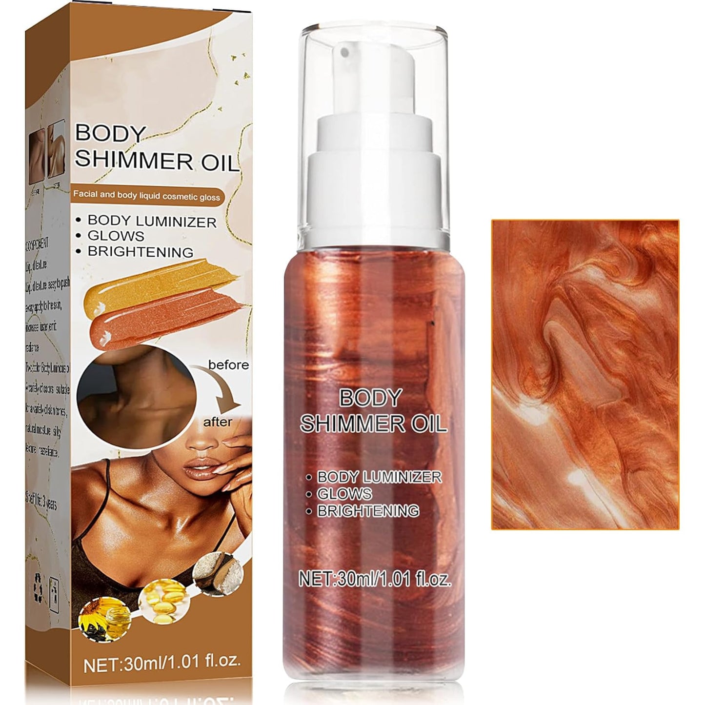 Body Shimmer Oil,Body Shimmer Luminizer for Face & Body,Waterproof Moisturizing Face Brighten Glow Illuminator,Body Highlighter Shine Glitter Liquid Illuminator Body Makeup(Golden Brown)