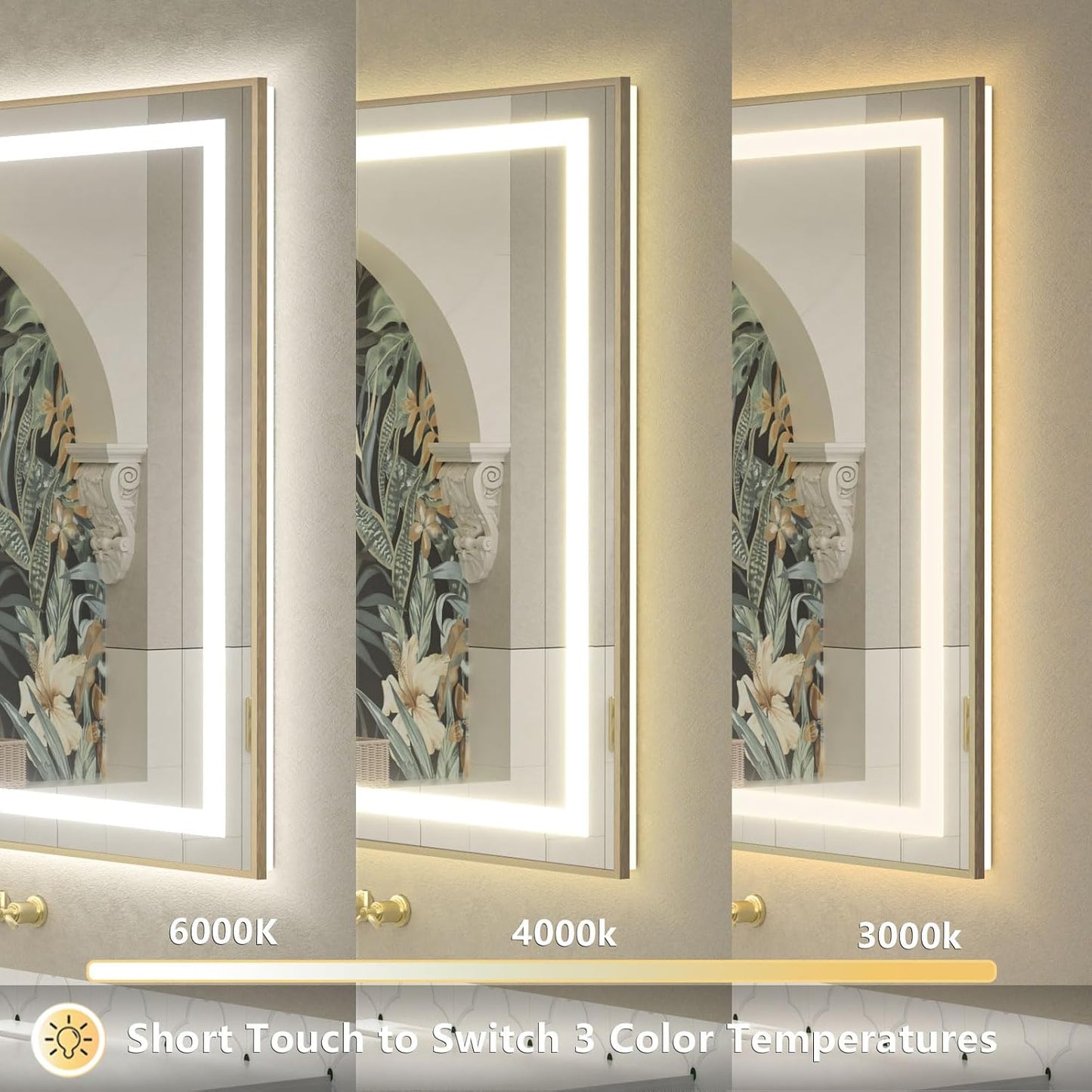 OKPAL 30x36 Gold LED Bathroom Mirror with Lights, Frontlit & Backlit Metal Framed Mirror, Lighted Bathroom Vanity Mirror, Anti-Fog, Dimmable 3 Colors, Shatterproof, Horizontal/Vertical