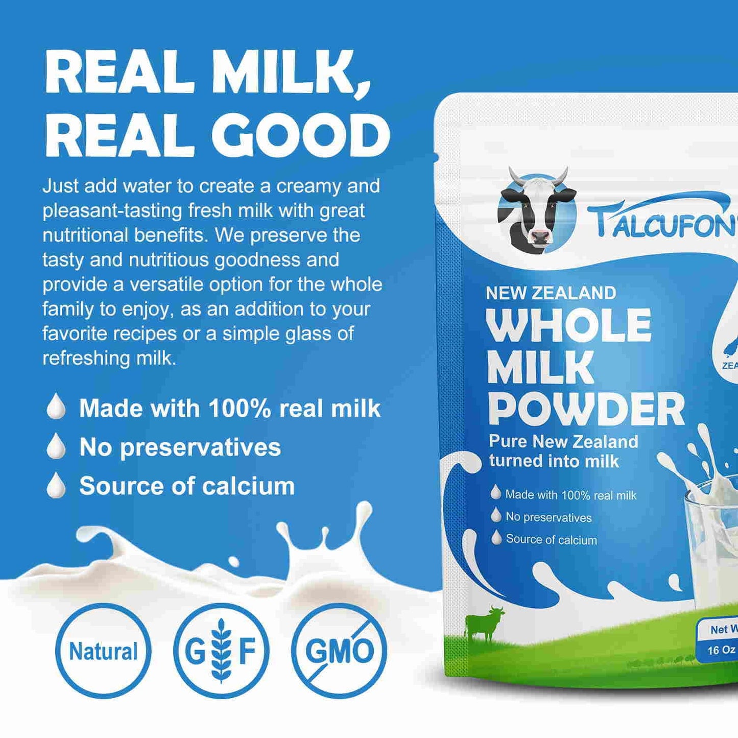 TALCUFON New Zealand Milk Powder Full Cream Instant Milk Powder Gluten Free, Non-GMO Shelf-Stable & Easy to Use 16 Oz