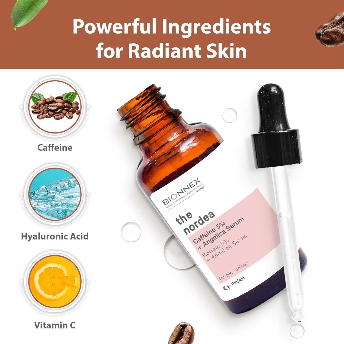 The nordea - 5% Caffeine Serum Angelica - Anti-Aging Eye Serum for Dark Circles, Puffiness and Wrinkles - Caffeine Eye Serum Natural and Vegan - 30 ml (5% Caffeine Skin Serum)