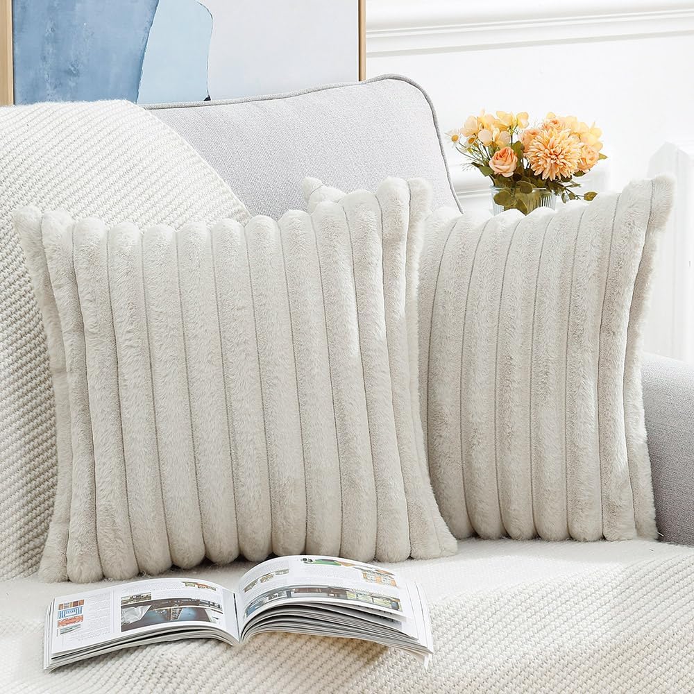 MADIZZ Set of 2 Faux Wool Plush Decorative Throw Pillow Covers 24x24 Inch Greyish White Fluffy Striped Soft Decorative Cushion Cover for Sofa Bedroom Pillow Shell