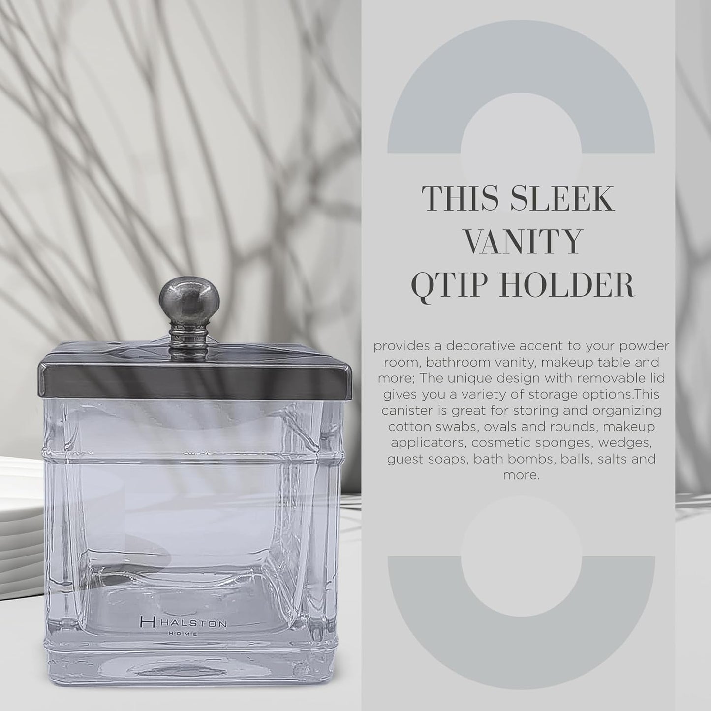 Apothecary Glass Cotton Jar Holder Brushed Nickel Stainless Steel Lid, Elegant Bathroom Storage Canister for Qtips, Cotton Balls, Floss, Makeup Organizer, Vanity Bathroom Organization