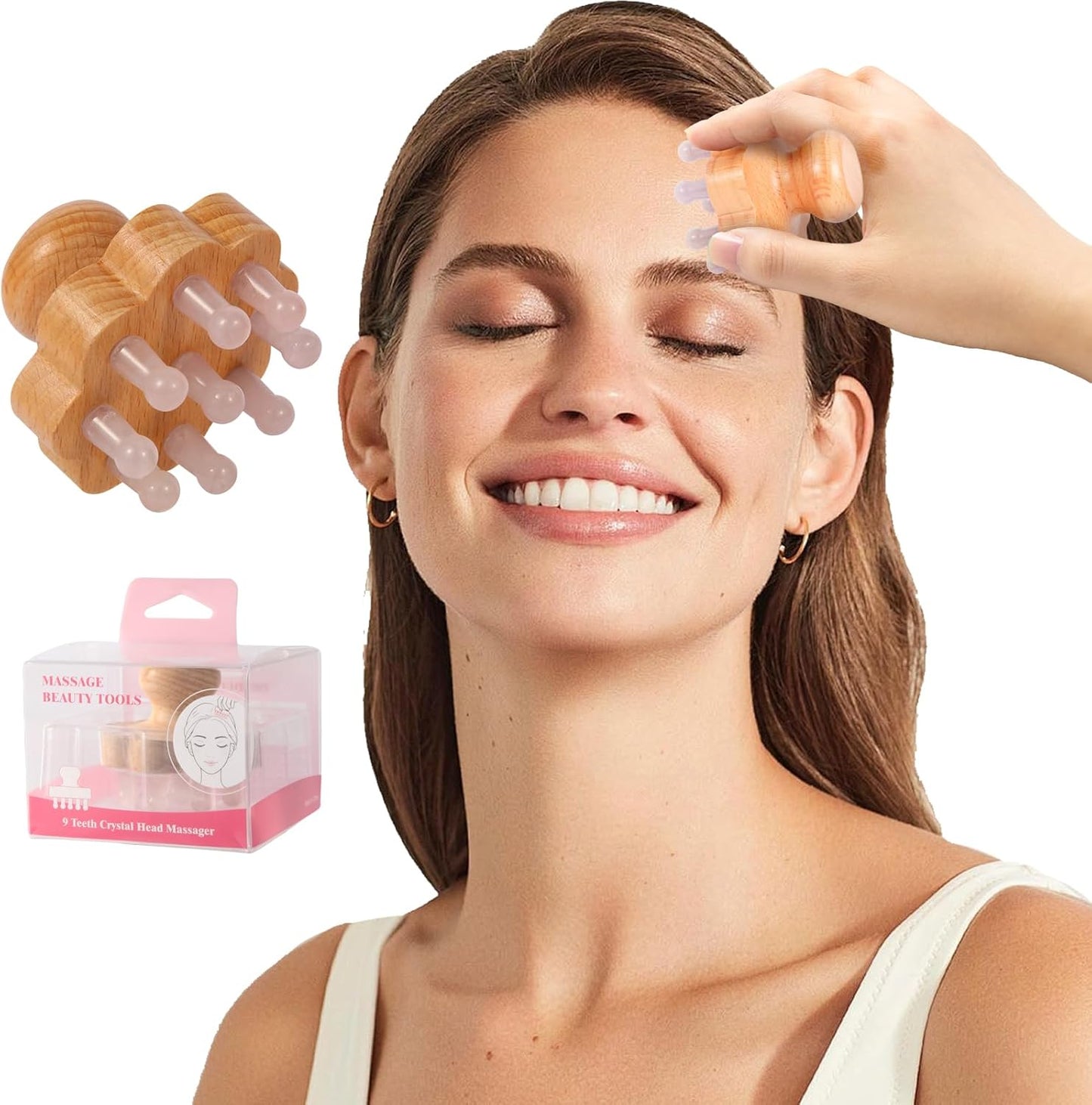 Natual Jade Massage Head, with Wooden Hander Comb,for Scalp Massager, Head Ficial, Body Acupressure Tool,gua sha Scraping, Relieve Fatigue,Stress Relax Device,for Hair Growth (Pink)