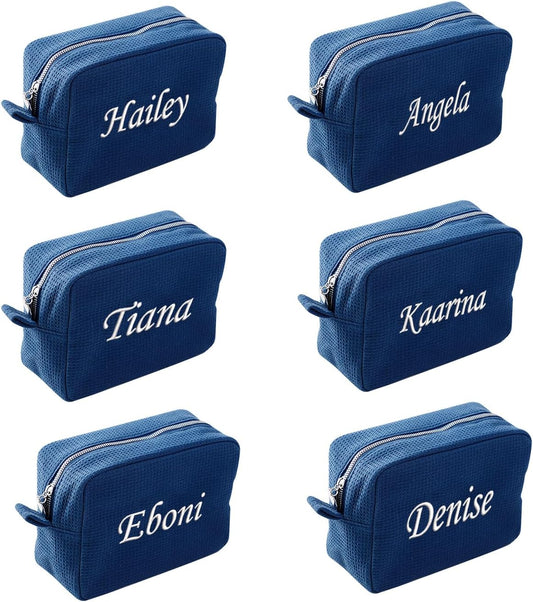 GOPHIE Personalized Embroidered Makeup Bag,Custom Waffle Fabric Cosmetic Pouch for Women, Travel Makeup Pouch (6, Navy Blue)