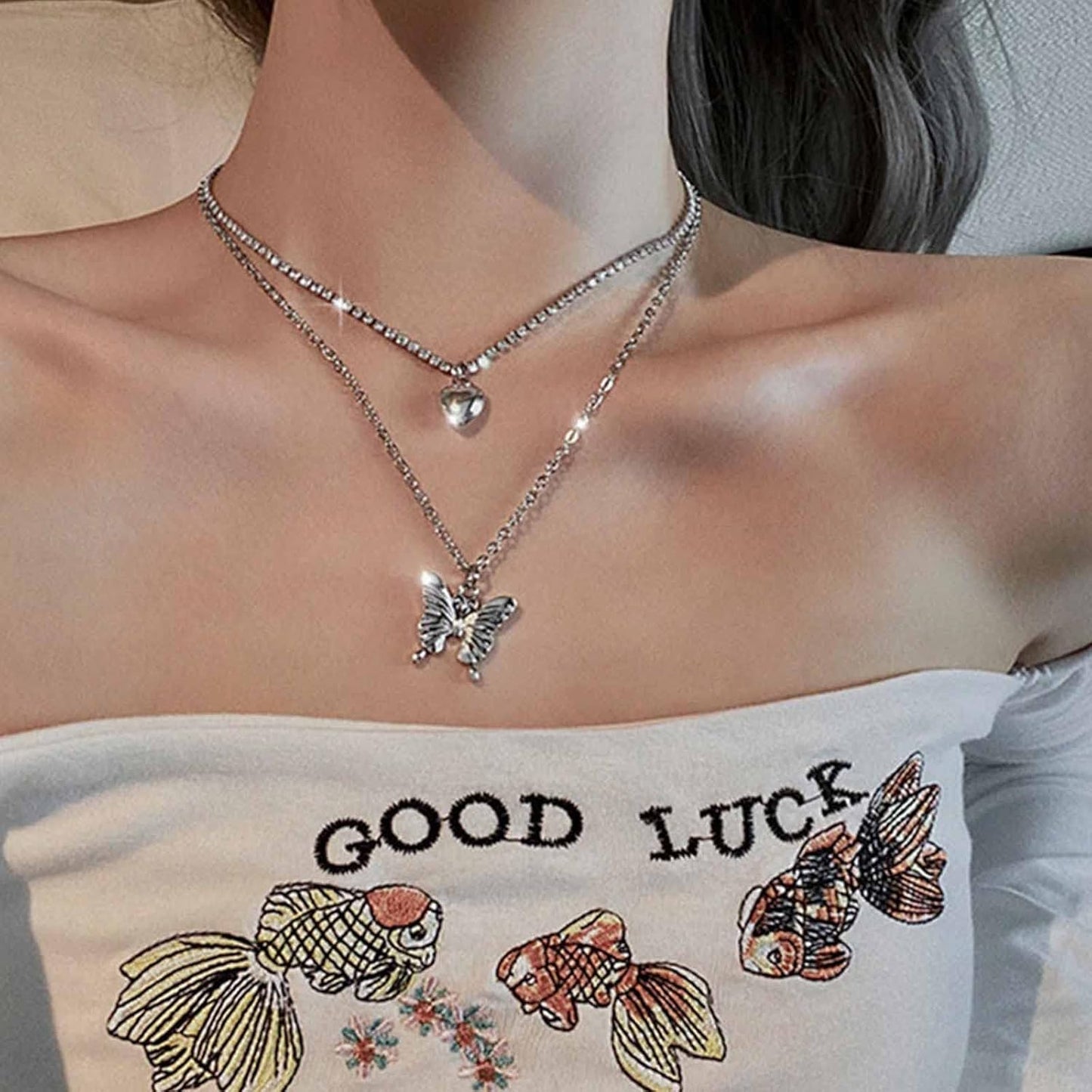 Punk Layered Butterfly Choker Necklace Rhinestone Tennis Chain Necklace Silver Puffy Heart Pendant Necklace Choker Boho Crystal Clavicle Necklace Jewelry for Women and Girls 2 Pcs