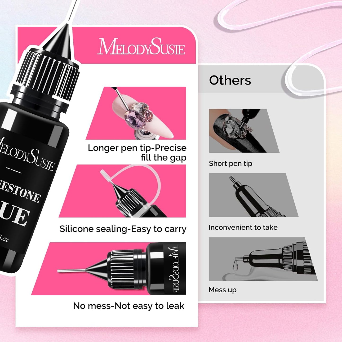 MelodySusie 2Pcs Nail Rhinestone Glue, 3D Gel Nail Art Design Strong Adhesive Nail Gem Glue for Nail Charms Gems Jewelry Decoration DIY Manicured at Home Cured Need Beauty Gifts for Women