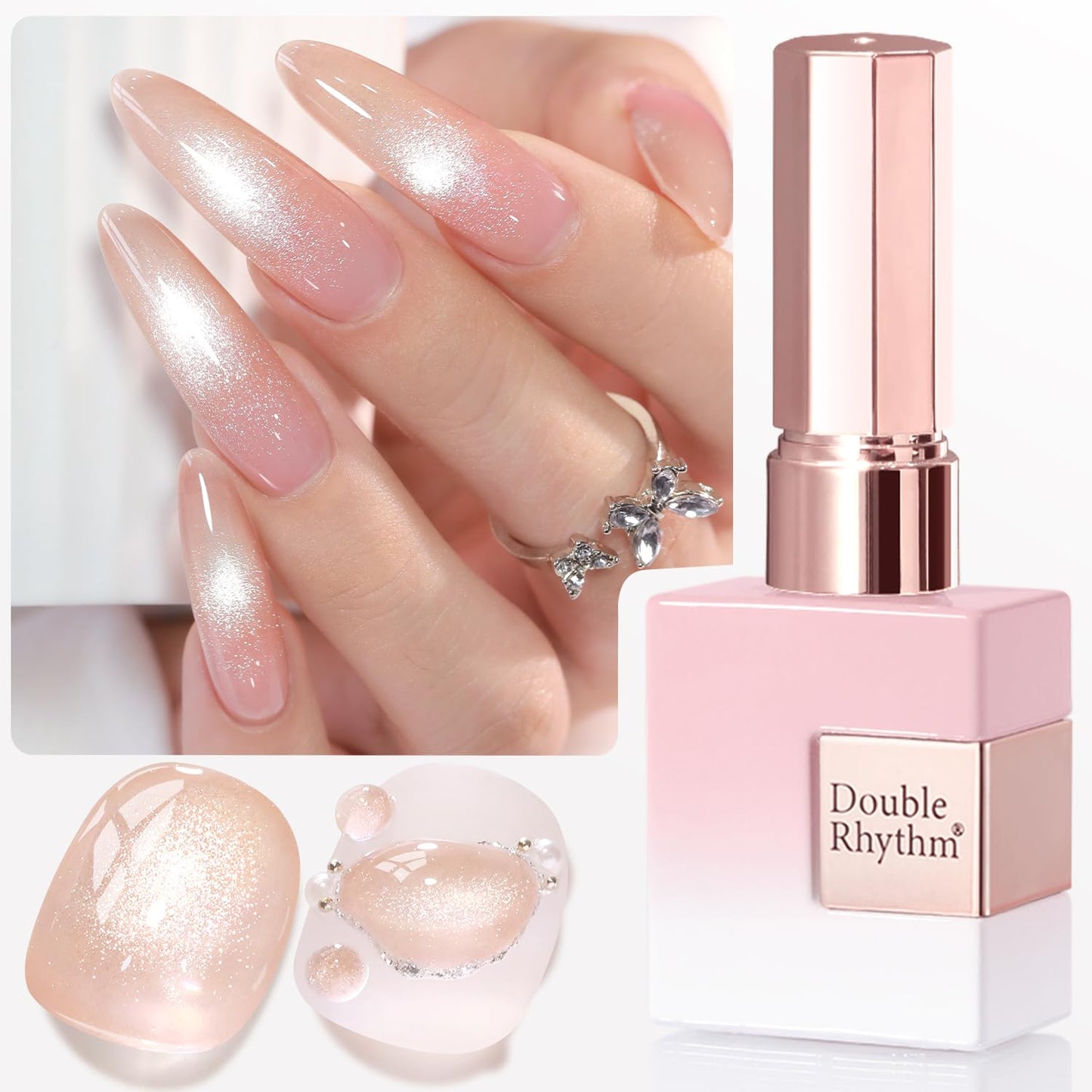 Double Rhythm 0.5 Oz Cat Eye Gel Polish with Magnet Same Color Same Bottle Holographic Glitter Shimmer Translucent Color Salon 15 ML Magnetic Nail Art (Nude Pink-MC1154)