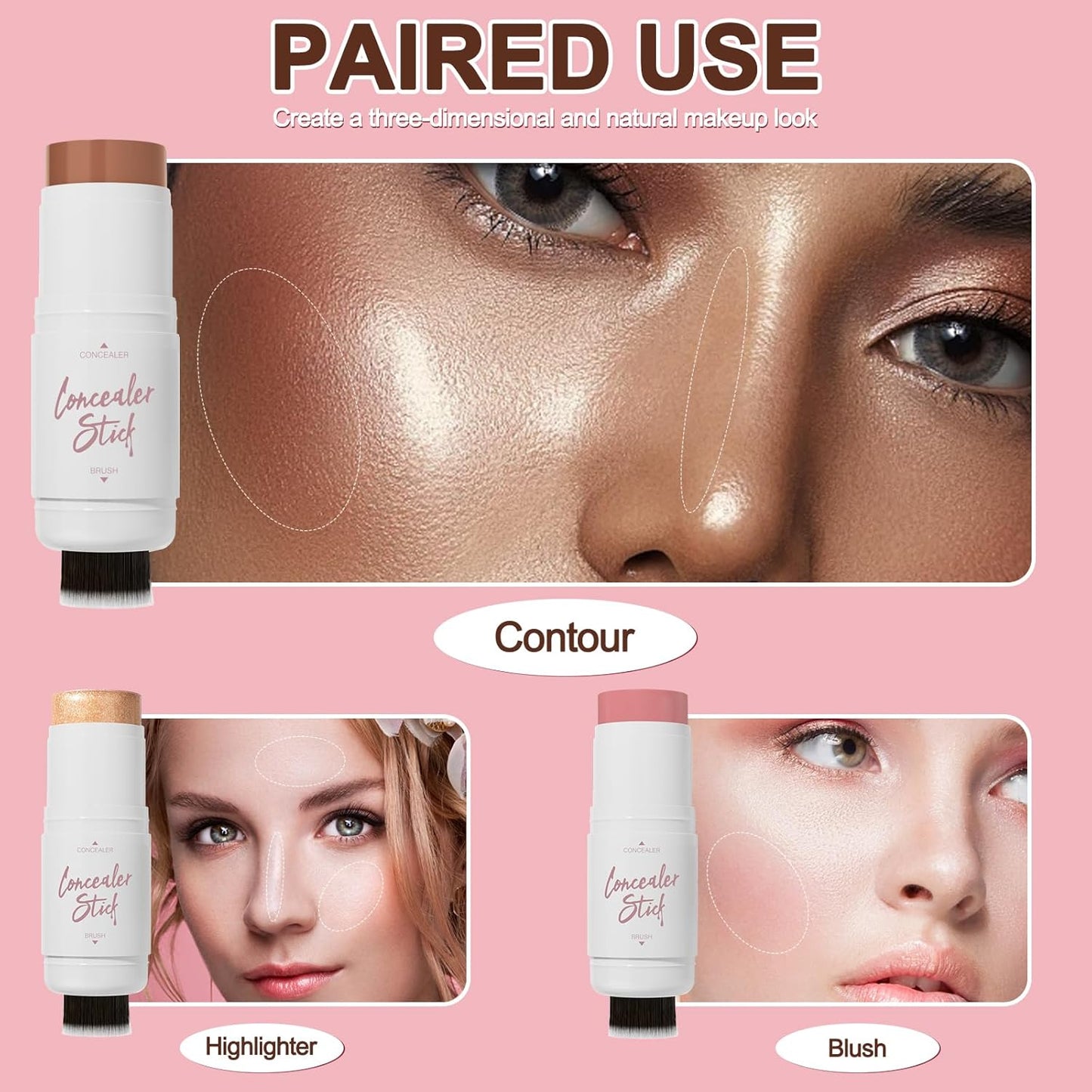 3 Pcs Cream Contour Stick Makeup Kit,Shades with Highlighter Stick,Blush Stick and Bronzer Contour Stick for Brightening and Trimming the Cheeks, Non-greasy, Waterproof Long-lasting Effect(#02,06,09)