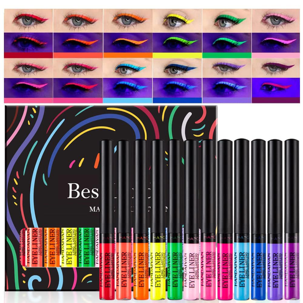 BestLand 12 Colors Matte Liquid Eyeliner Set Colorful UV Neon Eyeliner Pencil Pigmented Waterproof Smudgeproof Long Lasting Eye Liner Xmas Christmas Festival Makeup Gift Kit for Women (Set C)