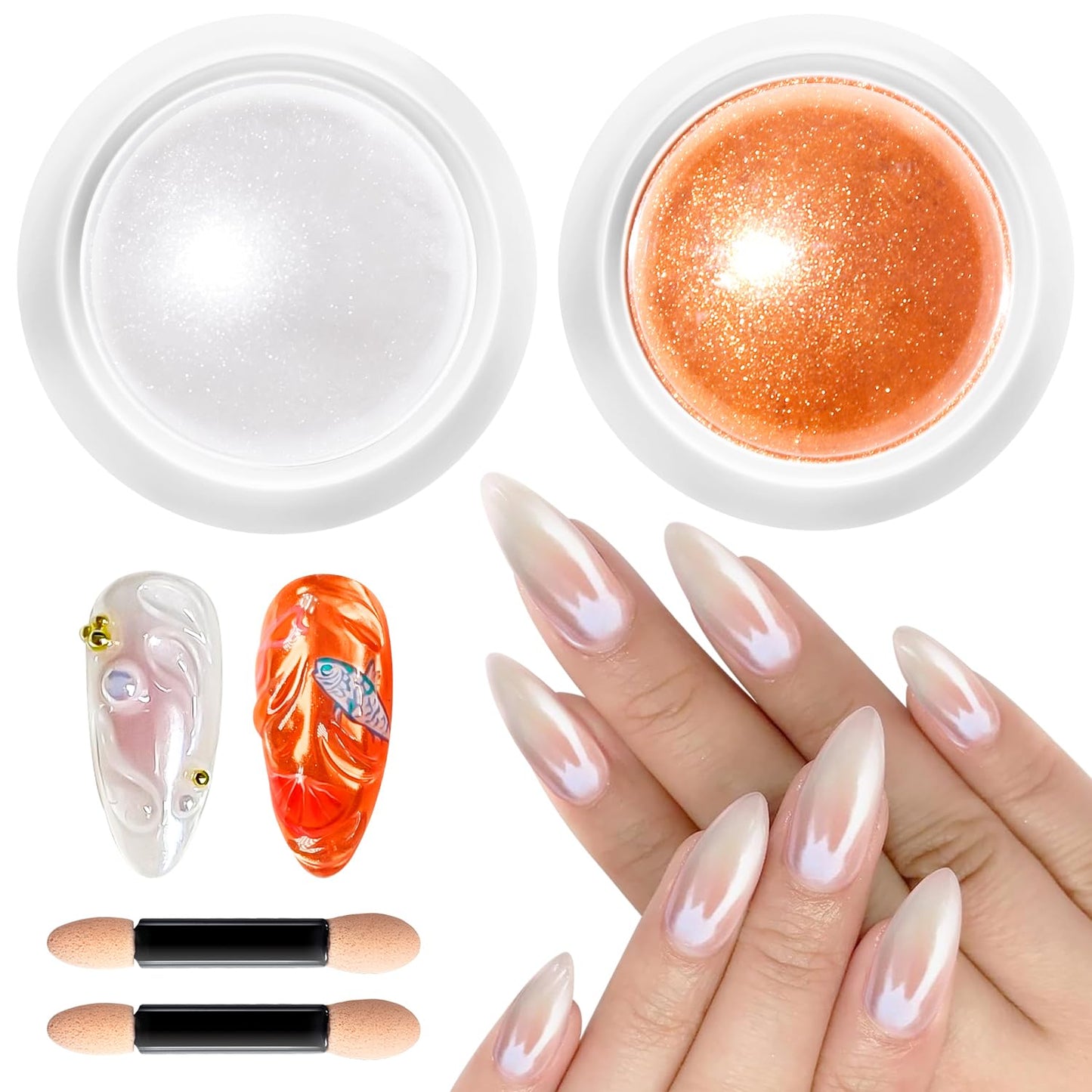 Pearl Chrome Nail Powder BISHENGYF -【Metallic Mirror Effect】 Orange Chrome Nail Powder White Clear Aurora Mermaid Iridescent Chrome Powder for Nails Pigment Glitter Dust for Manicure Decroation DIY