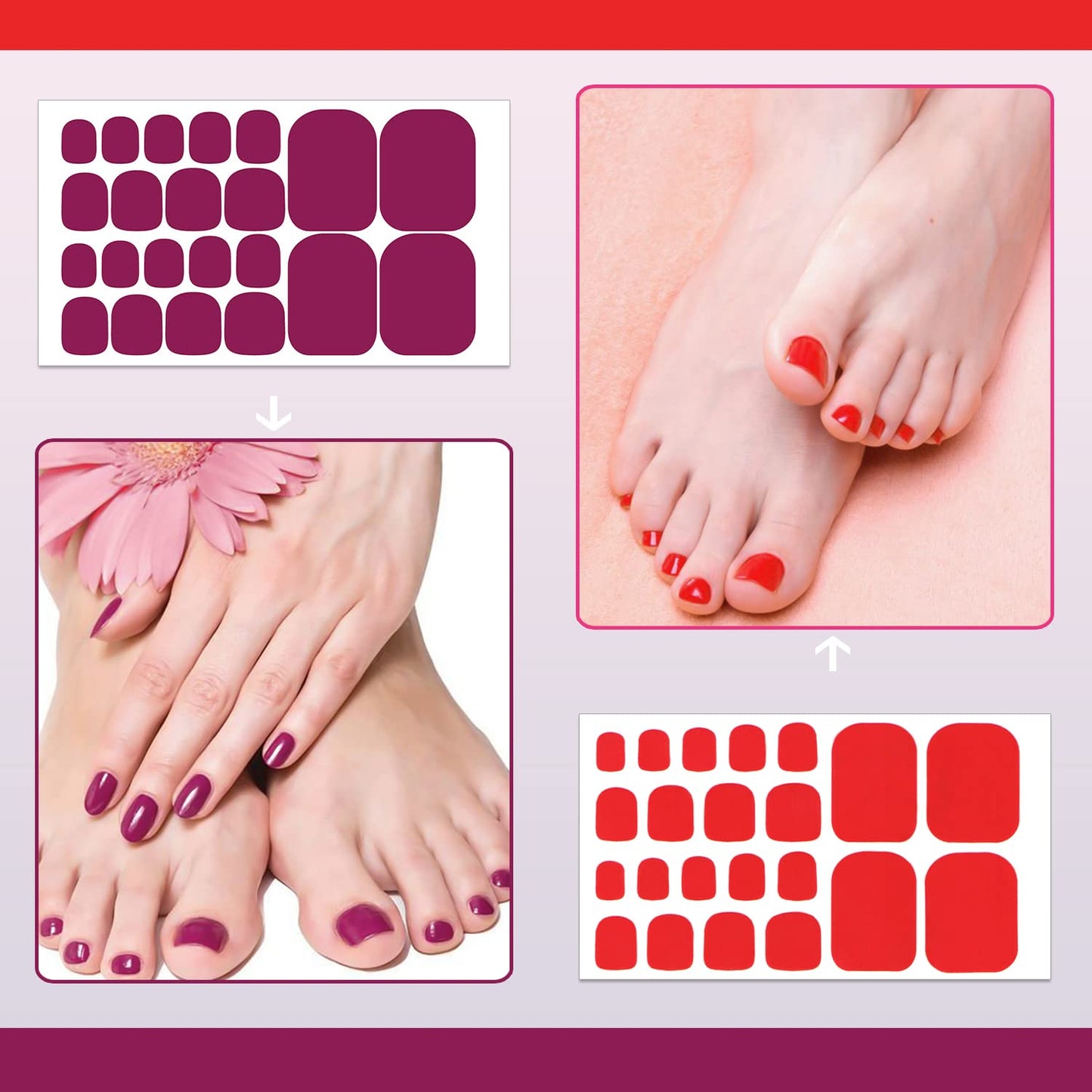 SILPECWEE Toe Nail Stickers Full Nail Wraps Red Solid Color Toenail Polish Strips for Women Self Adhesive Toe Stickers Polish Gel Toenails Stickers with 1pc Nail File (20 Sheets)