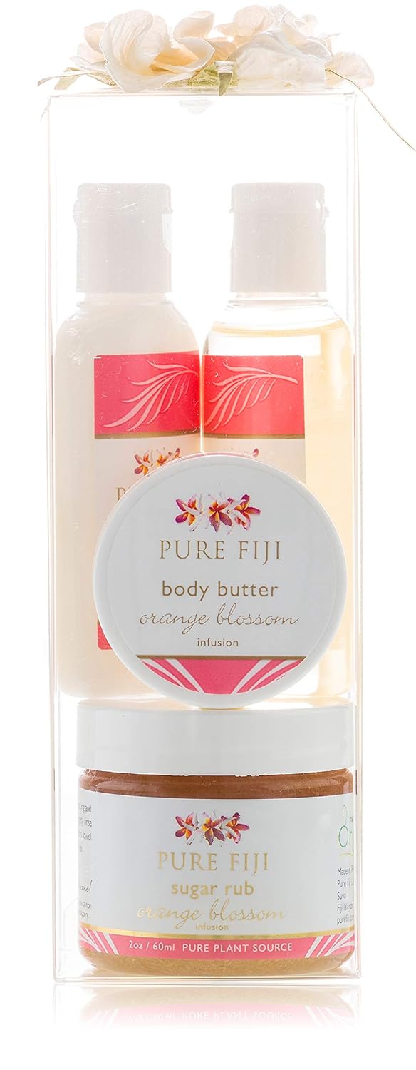 Pure Fiji Spa Gifts for Women and Man - Body Gift Box Include: Sugar Scrub, Bath and Body Oil, Body Butter and Body Lotion, Scent Orange Blossom