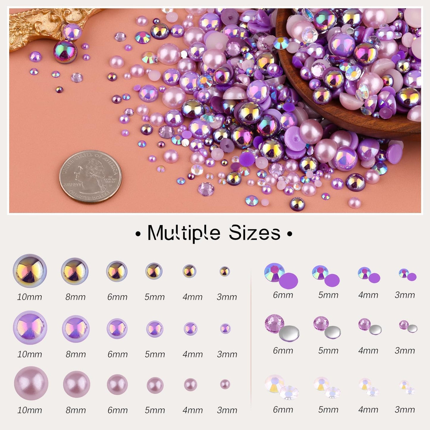 80g Flatback Pearls and Rhinestones for Crafting, Purple 3-10mm Resin Rhinestones and Half Pearls for Bedazzling, Nail Art and Dec with 3pcs 10ml B7000 Jewelry Glue, Tweezer and Pickup Pencil