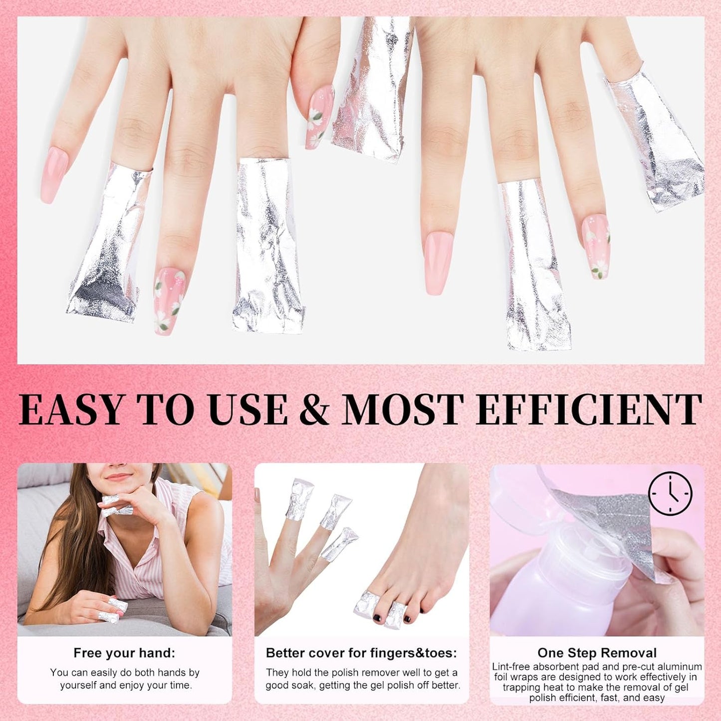 NXJ INFILILA Nail Foil - 300PCS Foil Nail Wraps Gel Nail Polish Remover Foil Wraps for Nails, Soak Off Gel Remover with Larger Cotton Pad for Removing Nail Polish at Home