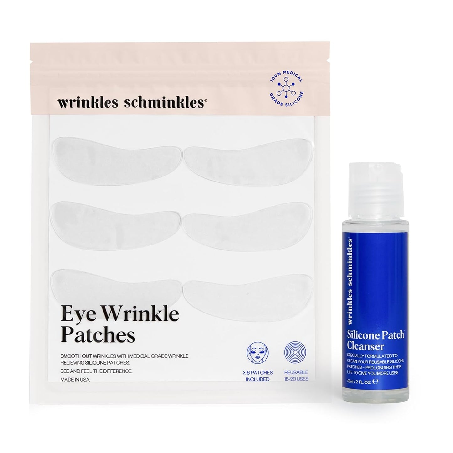 Wrinkles Schminkles Under Eye Wrinkle Starter Pack - Set of Reusable Under Eye Wrinkle Patches (3 pairs) + Silicone Patch Cleanser (2 oz) for Smoother Under Eyes & Fresh Look
