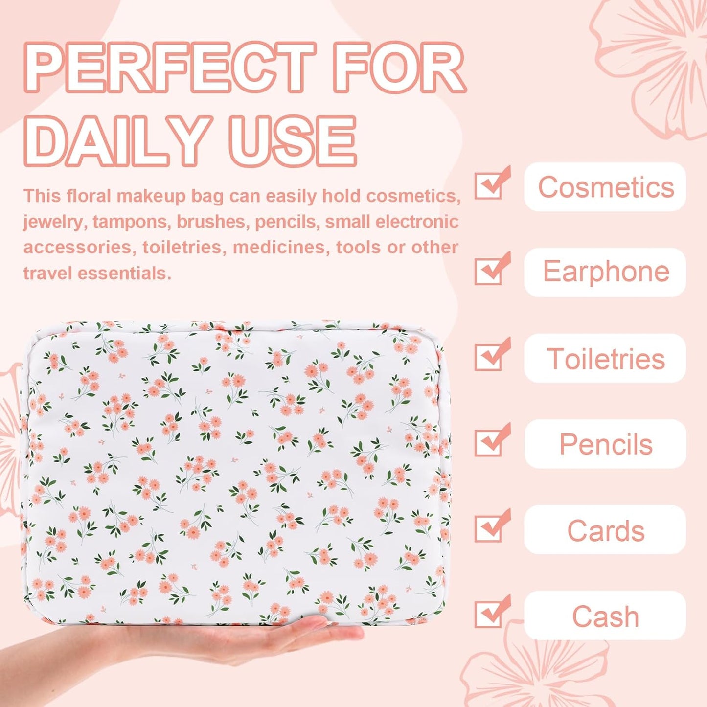 Waterproof Large Floral Makeup Pouch,Nylon Travel Toiletry Storage Purse Preppy Cosmetic Bag for Women Girl,Large Capacity Makeup Organizer Zipper Pouch for Work(L White-Flowers)