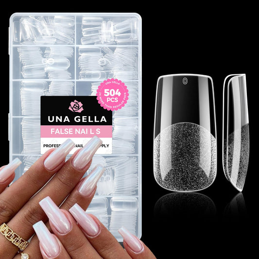UNA GELLA Square Fake Nails, 504pcs Gel Nail Tips Clear Press on Nails Pre-shape for Full Cover Square Nails French False Nails For Nail Extension Nail Art Home DIY 12 Sizes False Gelly Tips