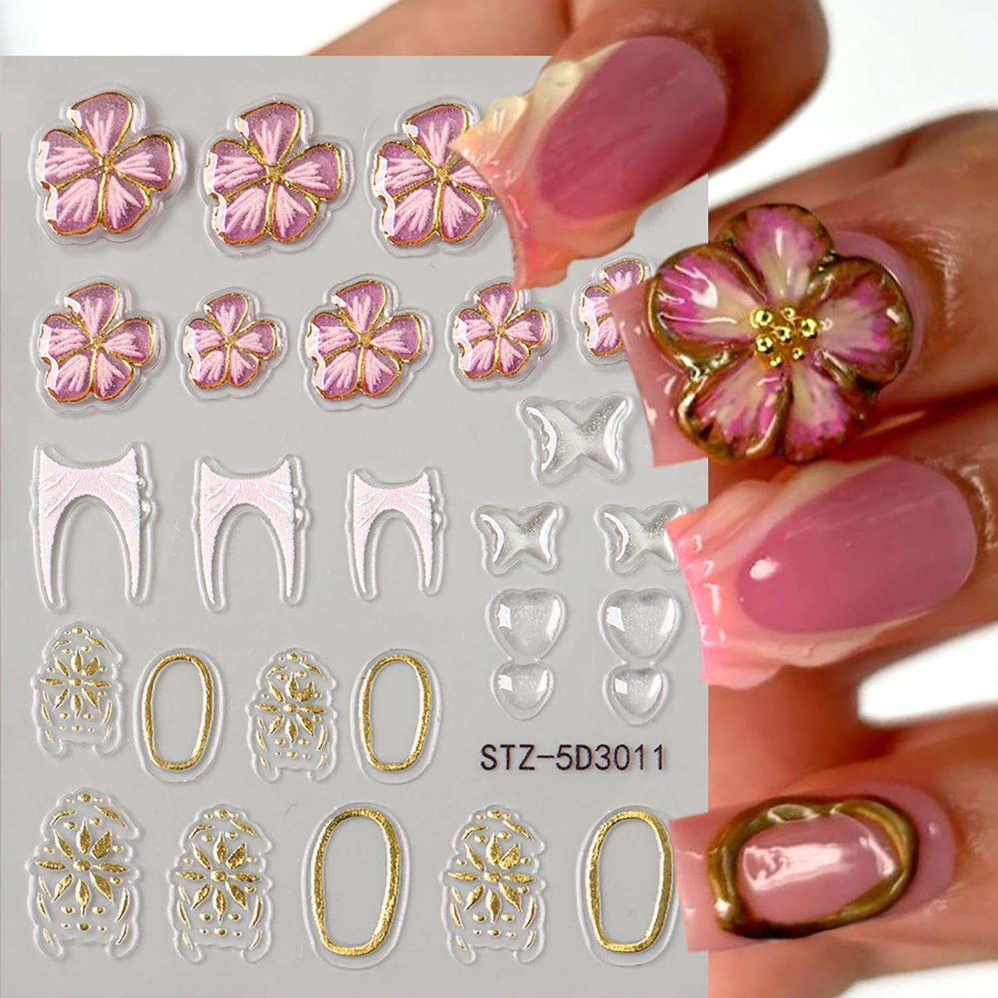 6 Sheets Flower Nail Art Stickers 5D Self-Adhesive Nails Sticker Floral Butterfly Nail Art Decals Holographic Decal Decoration for Women Golden Bow Manicure Stickers DIY Nail Sticker Supplies
