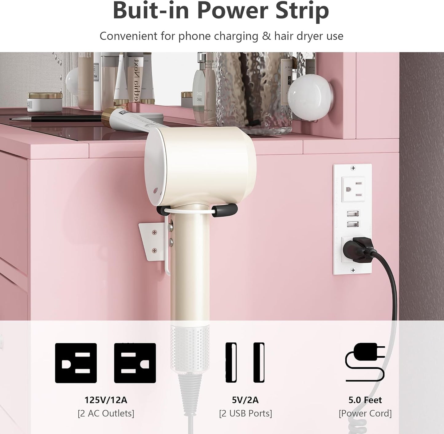 11 Drawers Vanity Desk, Makeup Vanity with Power Outlet, Glass Top, Vanity with Mirror and Light, 3 Color Option, Brightness Adjustable, Dressing Table for Bedroom