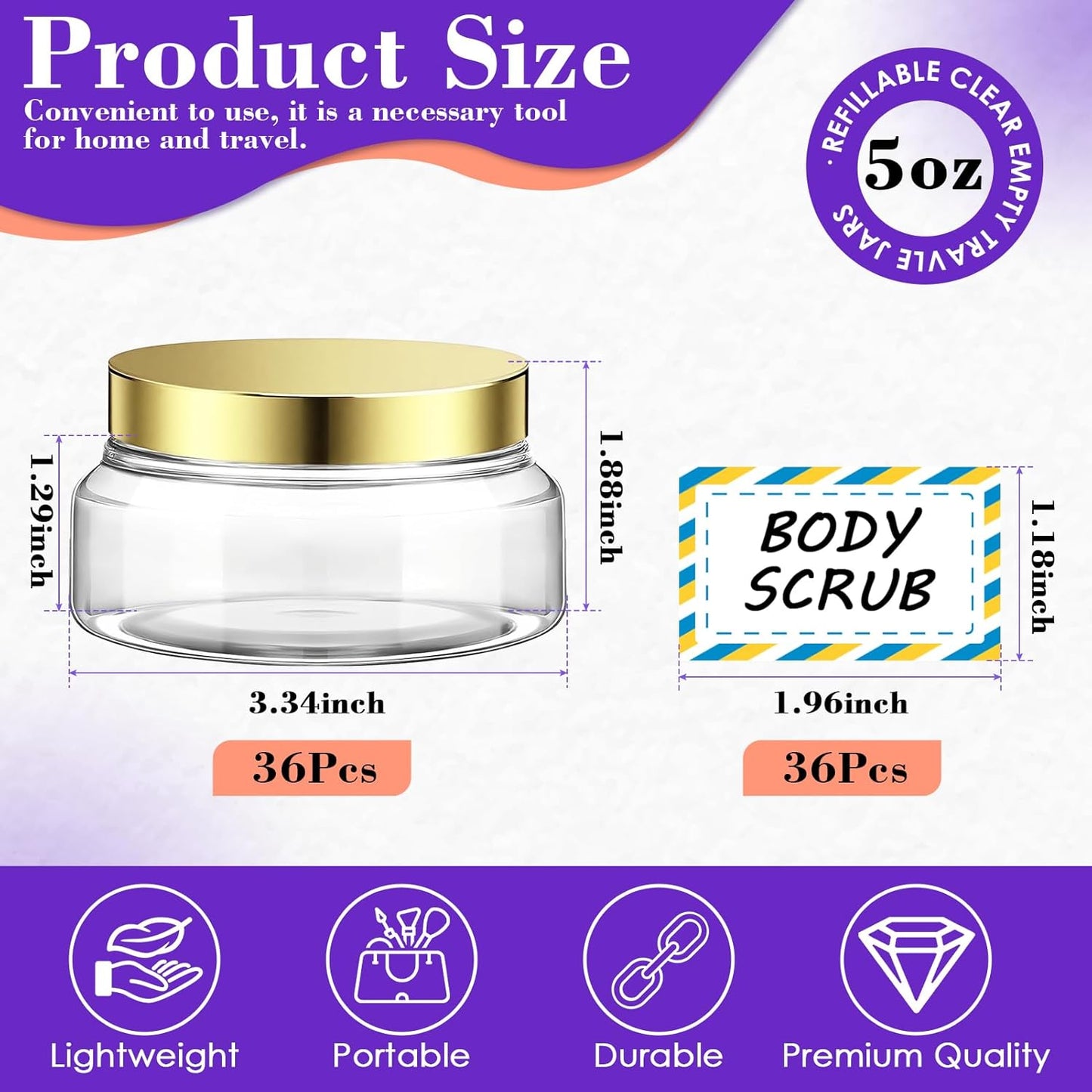 36 Pack 5 oz Plastic Cosmetic Containers With Lids Refillable Clear Empty Travle Jars Containers for Body Butter,Sugar Scrubs,Cream,Lotions,Candy, Waterproof Label&Spatulas - (White Lid)