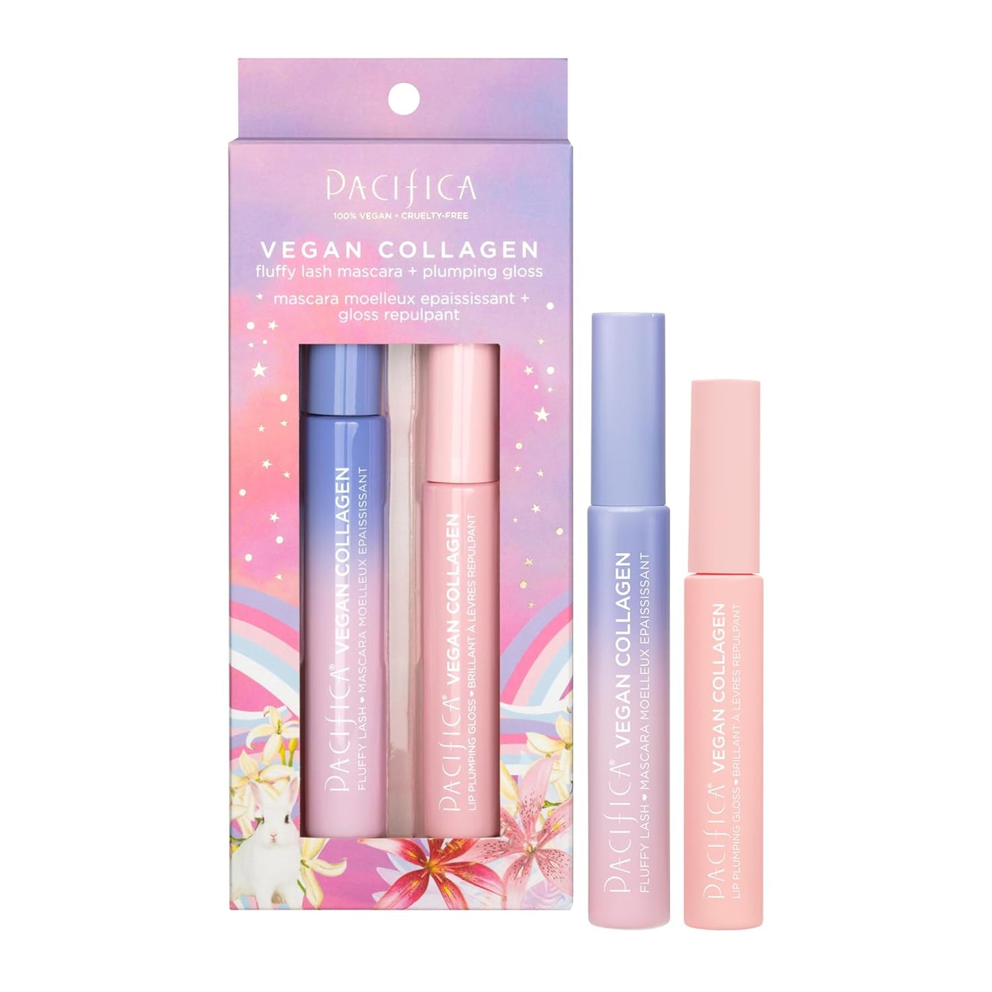 Pacifica Beauty Vegan Collagen Lash and Lip Kit Set, Makeup, Fluffy Lash Mascara, Long Lasting, Black Volumizing Mascara, Lip Gloss, Lip Serum, Lip Plumping, 0.24 fl oz and 0.19 fl oz (Set of 2)