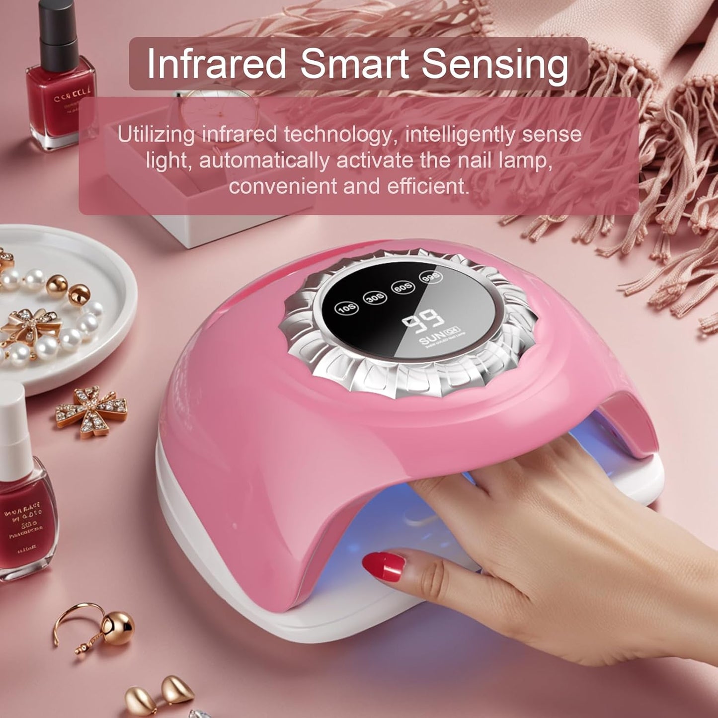 Pink UV LED Nail Lamp – Elegant Touch Screen Nail Dryer with 4 Timer Settings, Detachable Base & Dual Light Beads for Quick Gel Polish Curing – Salon-Quality Manicure at Home