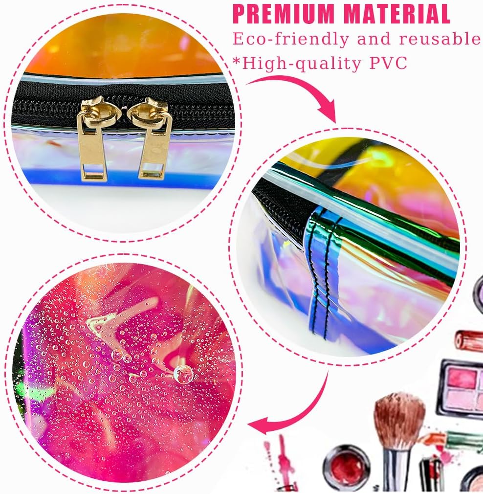 TPU Holographic Pink Makeup Bags Clear Travel Storage Bag Toiletry Pocket Portable Zippered Iridescent Pouch Waterproof Cosmetic Gift Bags for Women