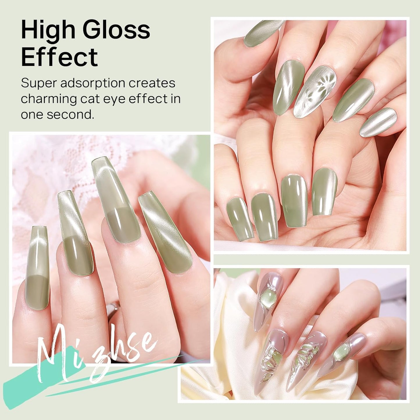 MIZHSE Quick Dry Cat Eye Nail Polish, Green Magnetic Nail Polish with Magnet, Air Drying Fast 15ml Cateye Nail Lacquer for Women Girls Non-Gel Nail Art Manicure DIY Home