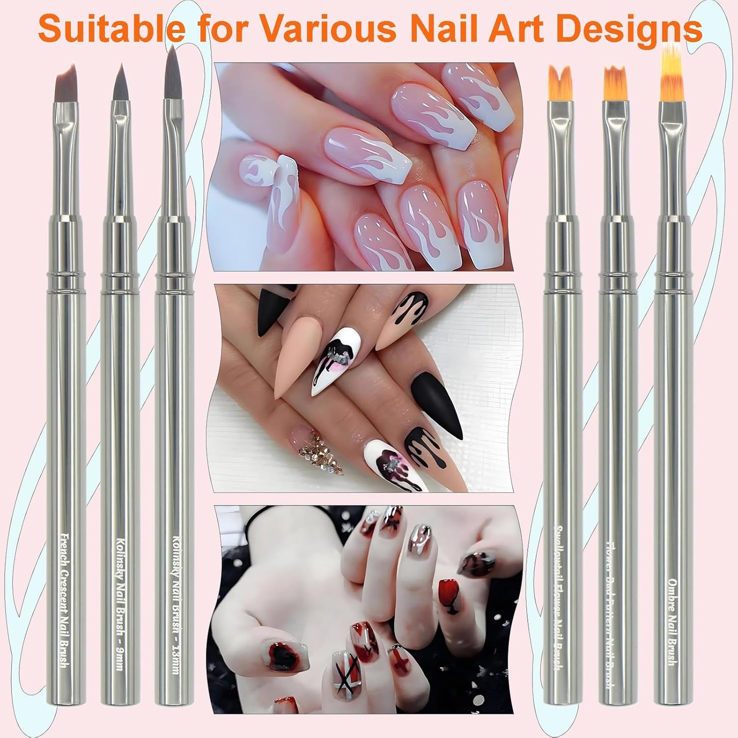 MYR 6Pcs Nail Art Brushes and 2Pcs Nano Nail Files, Metal Nail Art Tools, Acrylic Nail Brushes, Nail Design Tools, suitable for Personalized Nail Art Designs such as Flowers and Irregular Patterns