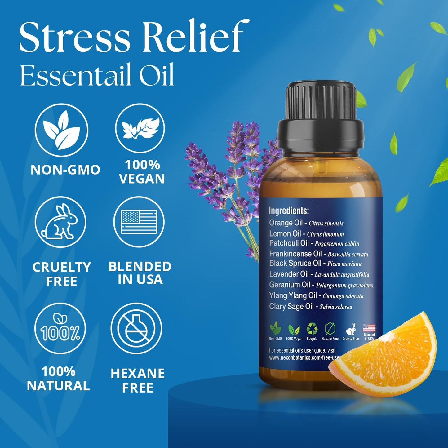 Stress Relief Essential Oil Blend 30 ml - Stress Relief & Calm Essential Oil for Diffusers & Aromatherapy - Promotes Relaxation & Rest - Nexon Botanics