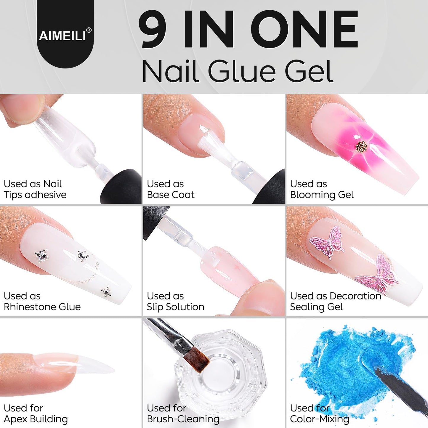 AIMEILI Nail Glue Gel with Top Coat and Prep Dehydrator 3 PCS, Hema Free, Cruelty Free, Vegan, Clear High Gloss Gel Nail Polish Long Lasting Nail Art
