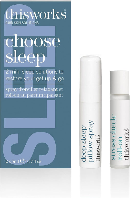 thisworks Choose Sleep Travel Kit, The Deep Sleep Pillow Mini Spray and Aromatherapeutic Roller Ball Infused with Eucalyptus, Frankincense & Lavender Essential Oils, 2x5ml