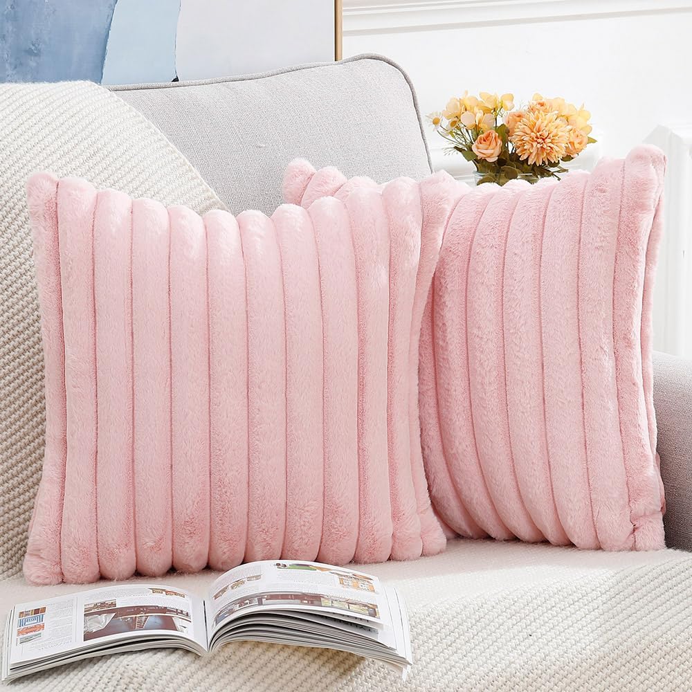 MADIZZ Set of 2 Faux Wool Plush Decorative Throw Pillow Covers 16x16 Inch Pink Fluffy Striped Soft Decorative Cushion Cover for Sofa Bedroom Pillow Shell