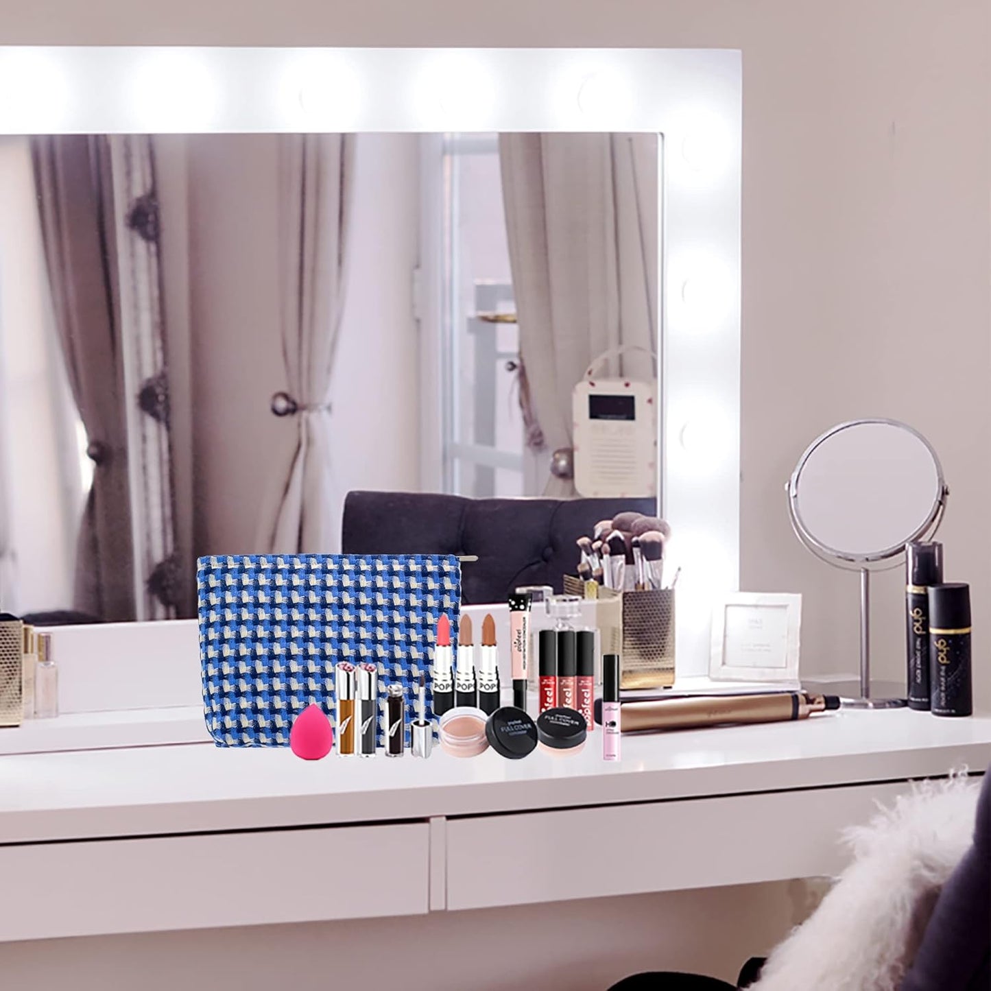 Makeup Bags for Purse Zipper Cosmetic Pouch Large Travel Canvas Make Up Organizer Tool Pouch for Women and Girls,Grid Blue