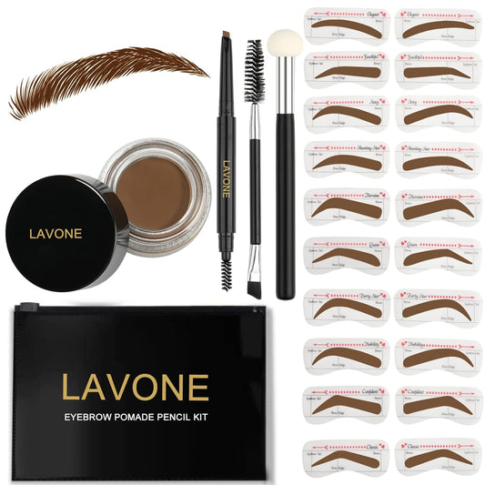 LAVONE Eyebrow Stamp Stencil Kit - Brow Stamp Trio with Waterproof Pencil, Pomade, 20 Stencils, Dual-ended Brush and Sponge Applicator - Auburn