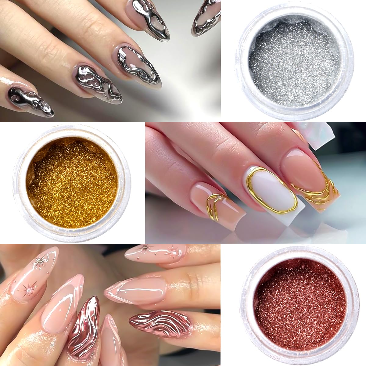 Chrome Nail Powder Metallic Gold And Silver, Magic Mirror Effect Pigment Glitter Rubbing Dust, 3D Carving Nail Molding Gel & Holographic Dip Nail Powder Kit for Nail Decor Home Manicure DIY