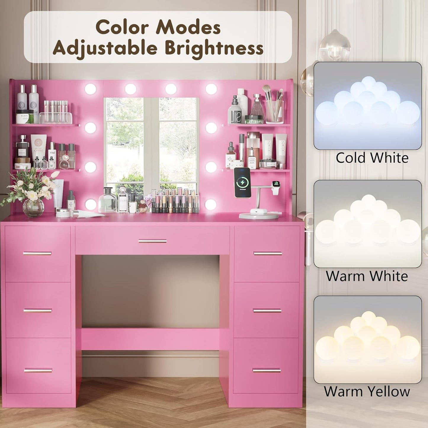 YESHOMY Vanity Desk with Mirror, Power Outlet and 10 Lights, Makeup Table with 7 Drawers, 3 Color Modes Available for Bedroom, Pink