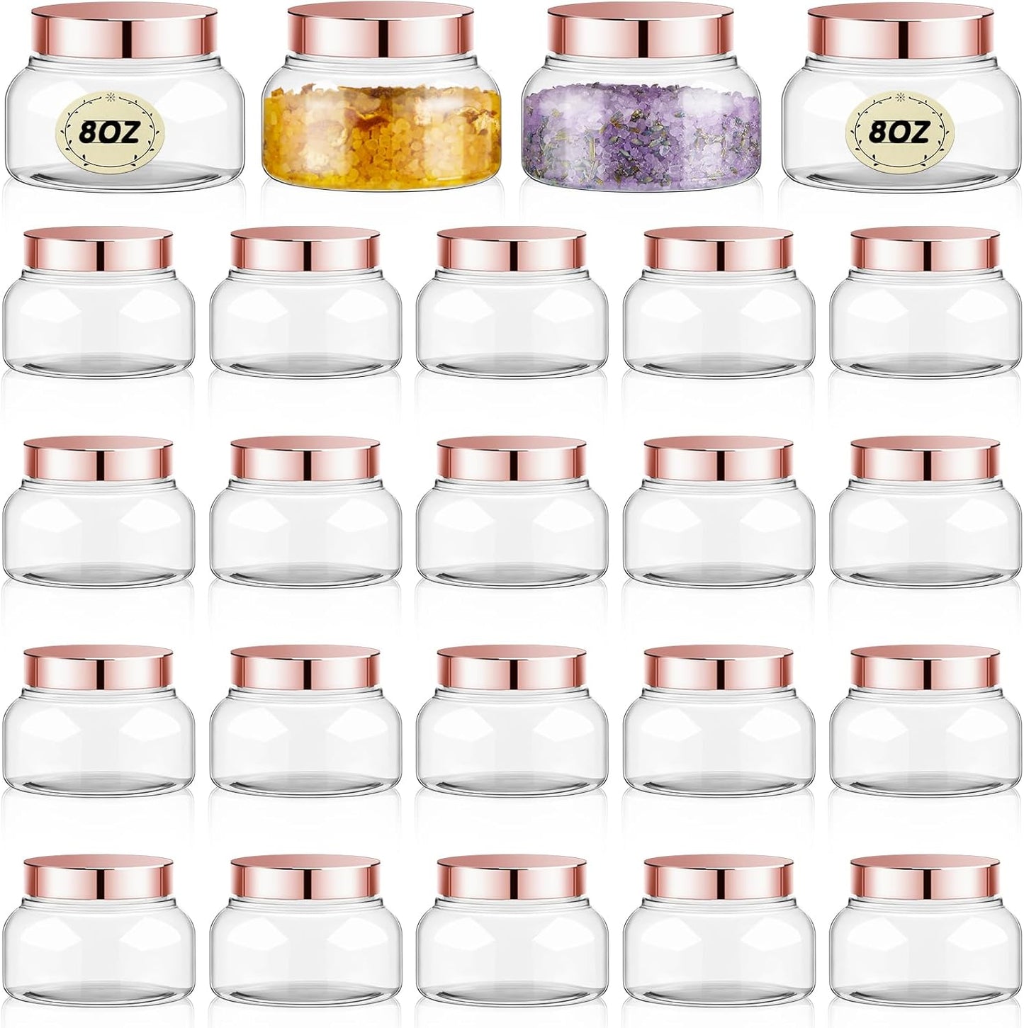 Tessco 24 Pack Plastic Jars with Lids Labels Empty Clear Plastic Jars Round Refillable Cosmetic Containers Body Butter Containers Bulk Sugar Scrub Bottle for Make Up(8 oz,Rose Gold)