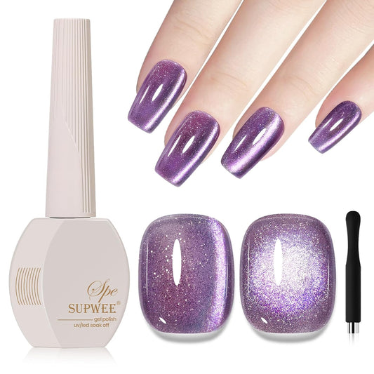 Purple Cat Eye Gel Polish, 15ML Glitter Crystal Cateye Gel Nail Polish Magnetic Reflective Effect with Magnet Soak Off Salon DIY at Home