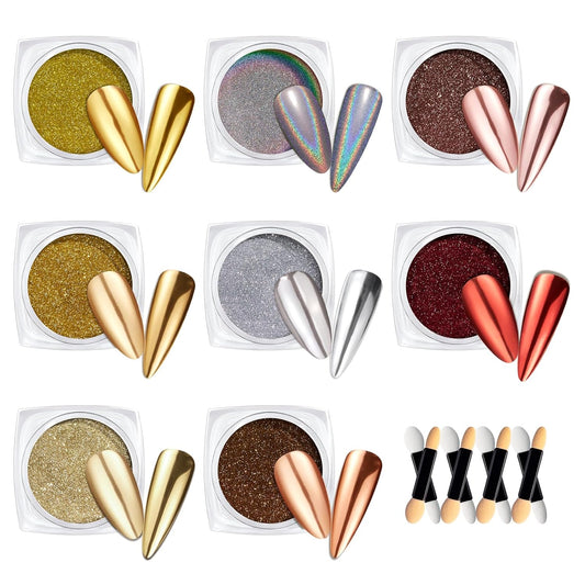 Beetles Gold Chrome Nail Powder Set - 8 Colors Sliver Holographic Mirror Effect Iridescent Golden Red Brown Glitter Metallic Nail Polish Chrome for Nail Art Design