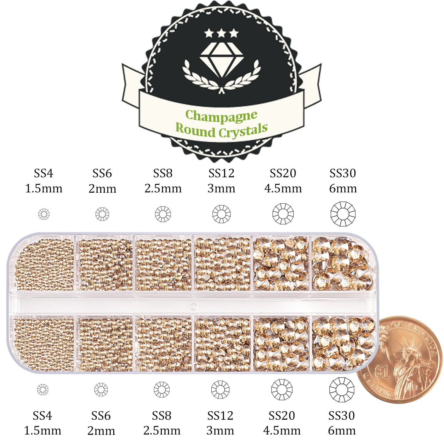 One Pack 2000 Pcs of Flatback Round Champagne Rhinestones 6 Sizes (1.5-6 mm) with Nail Art Rhinestone Picker Pencil and Tweezer for DIY and Salon Use