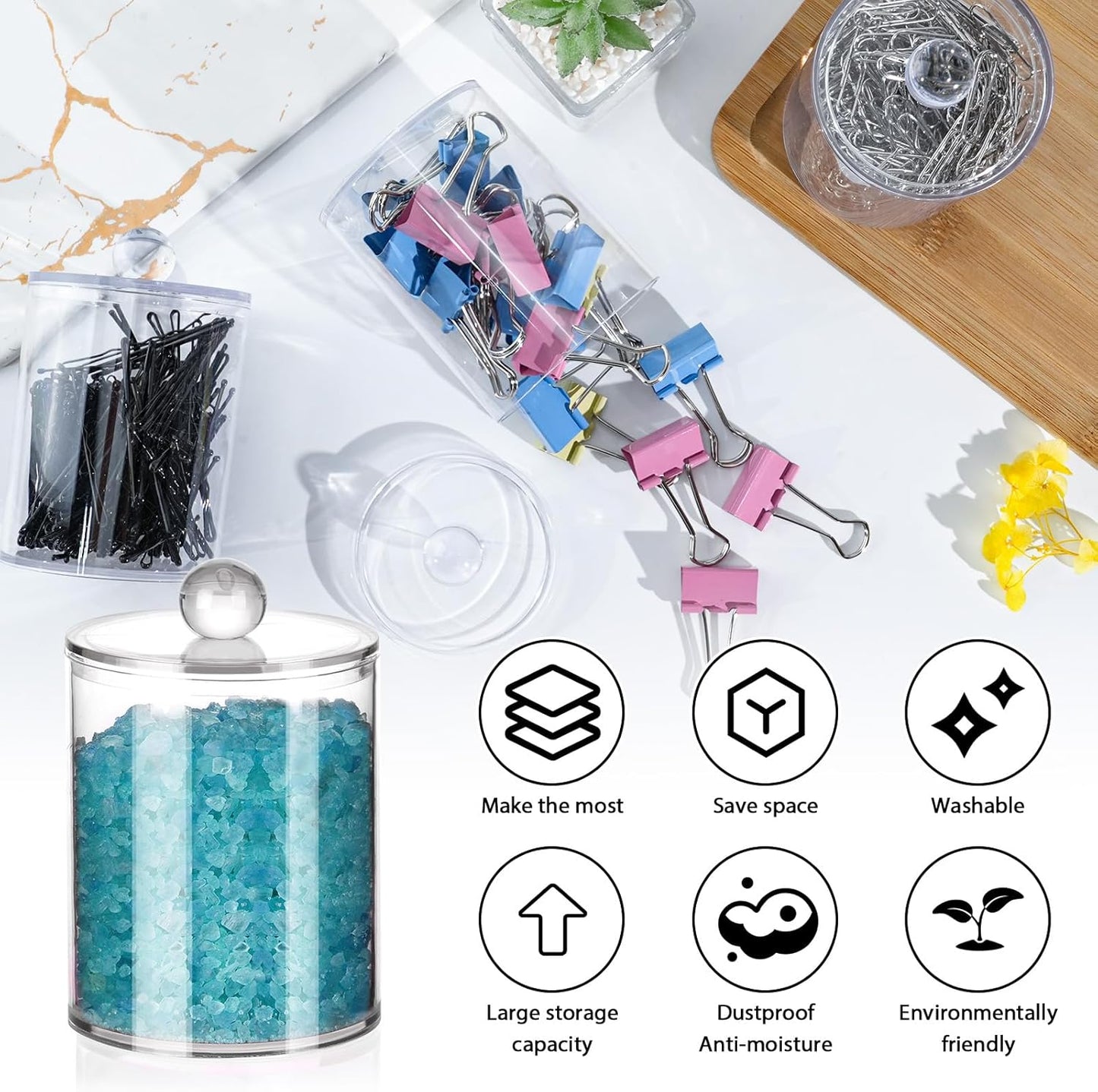 6 Pack Qtip Holder,Canister Apothecary Jar Set, Bathroom Jars with Lids Set for Cotton Swabs, Balls, Pads, Floss Picks,10oz-12oz Plastic Canisters Restroom Bedroom Vanity Organizer(Clear)